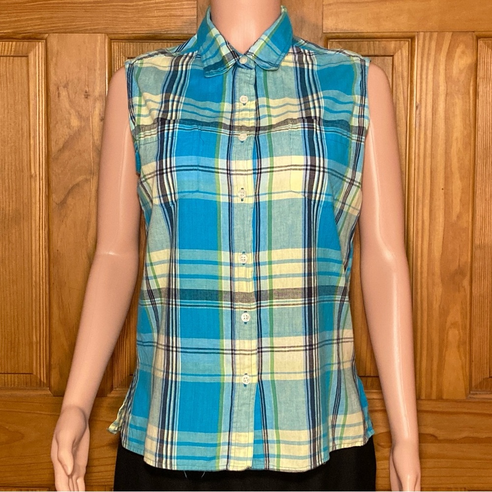 NWOT White Stag Vintage 90s Top Sleeveless Blouse Plaid Blue Yellow Size L Large